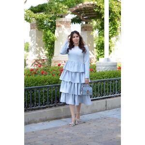 Amalfi Sky Blue Ruffle Tiered Midi Dress Long Sleeve Modest Elegant NWT